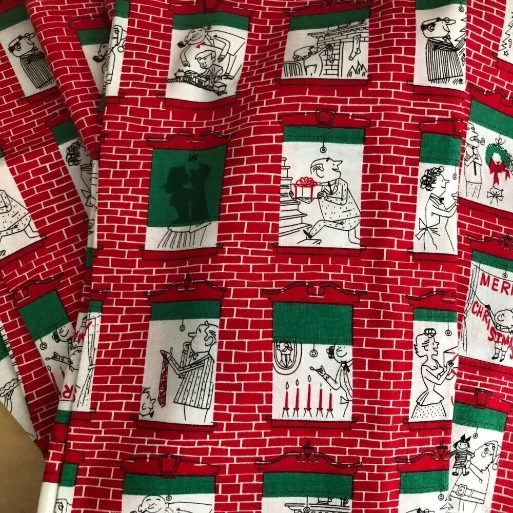 Vintage MCM Christmas Holiday Red White Cartoon Linen Dinner Napkins - Set of 8
